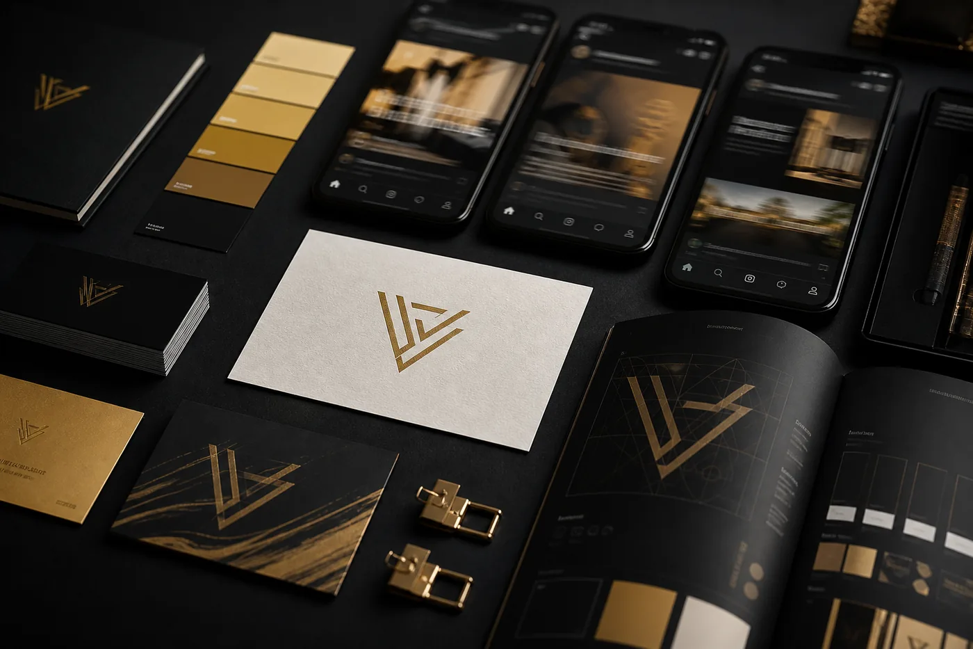 Premium brand identity design showcase with logos, social media and brand materials